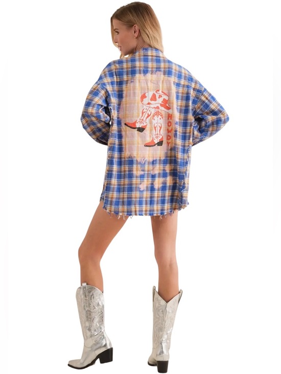 blue b Tops - NEW blue b Plaid Cobalt Brown Howdy Cowboy Hat Boots Oversized Button Down Shirt